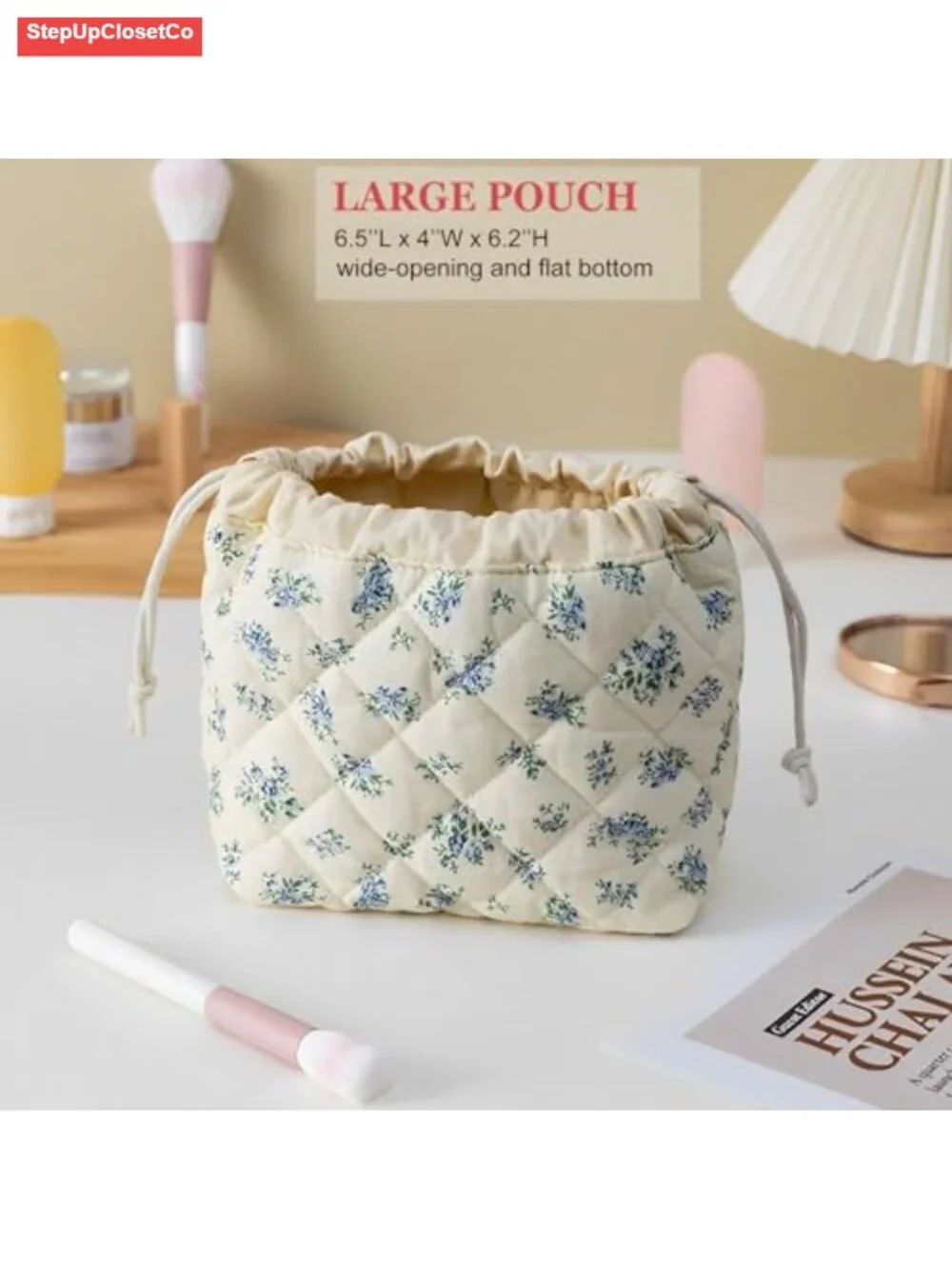HAPPYHEIDI Large Makeup Bag Set 2 Travel Cosmetic Pouch Beige Florals with